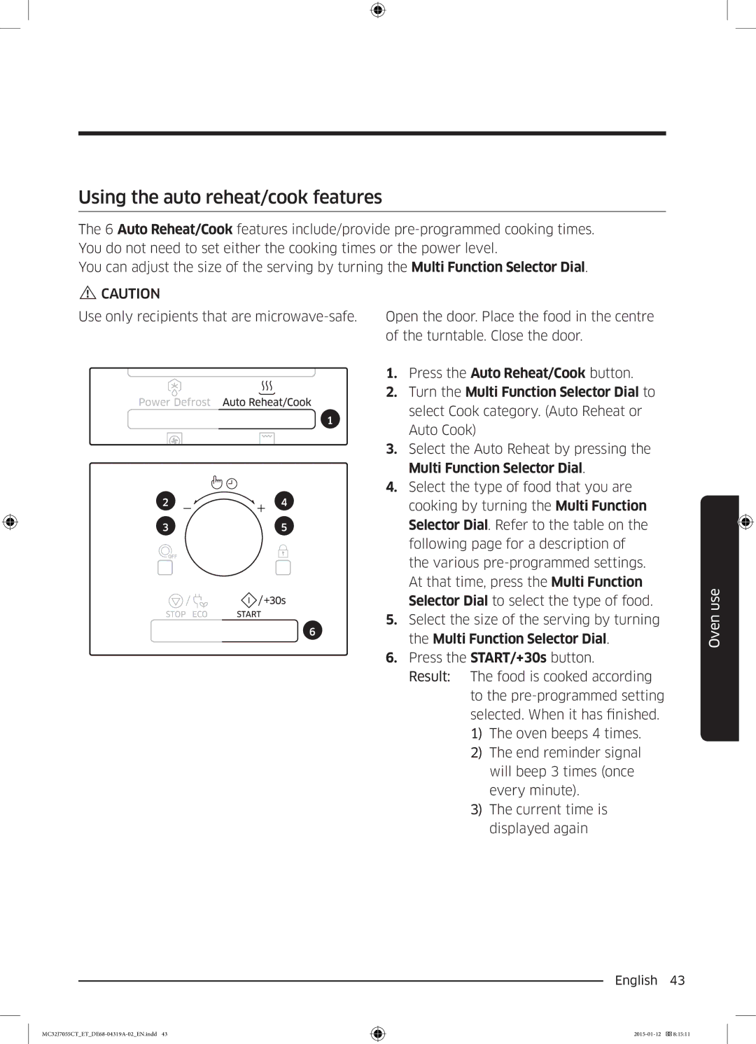 Samsung MC32J7055CT/ET manual Using the auto reheat/cook features 