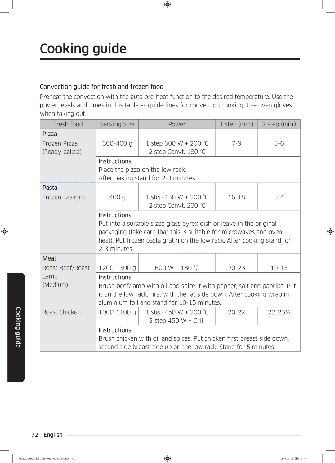 Samsung MC32J7055CT/ET manual Cooking guide 