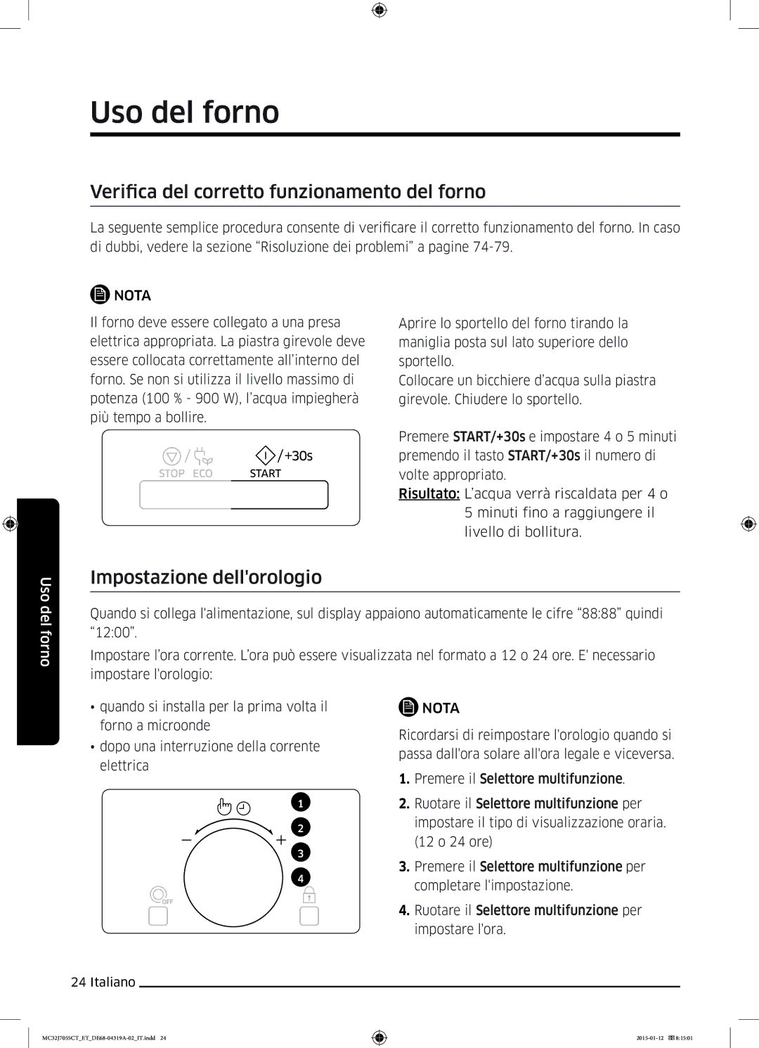 Samsung MC32J7055CT/ET manual Verifica del corretto funzionamento del forno, Impostazione dellorologio 