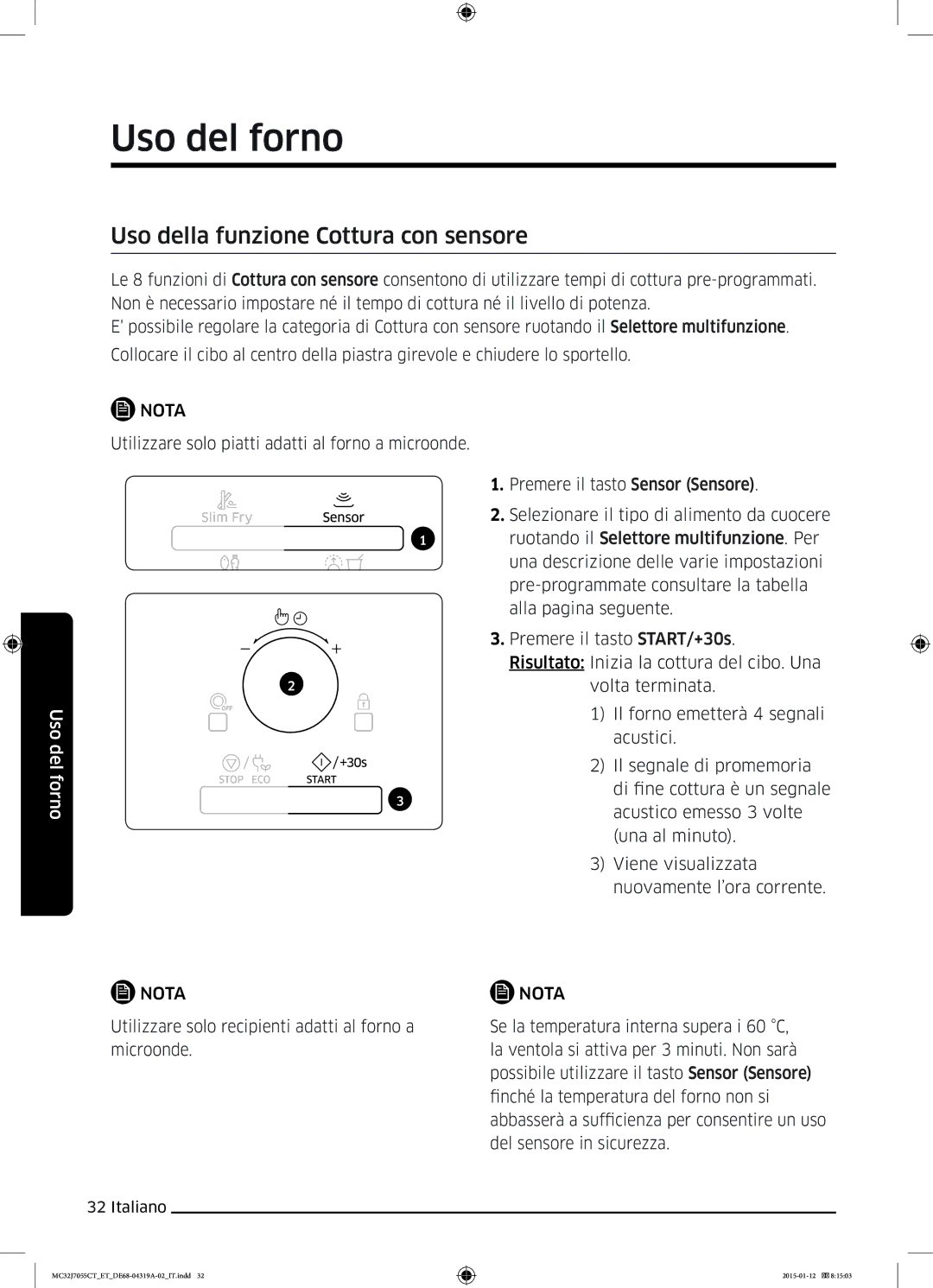 Samsung MC32J7055CT/ET manual Uso della funzione Cottura con sensore 