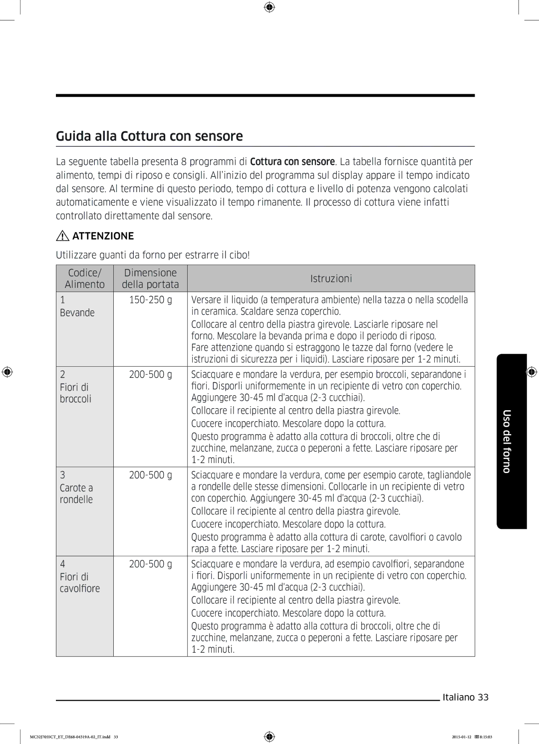 Samsung MC32J7055CT/ET manual Guida alla Cottura con sensore 