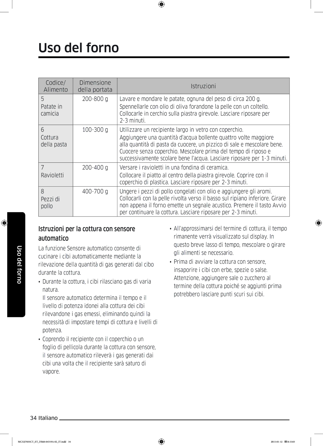 Samsung MC32J7055CT/ET manual Istruzioni per la cottura con sensore automatico 