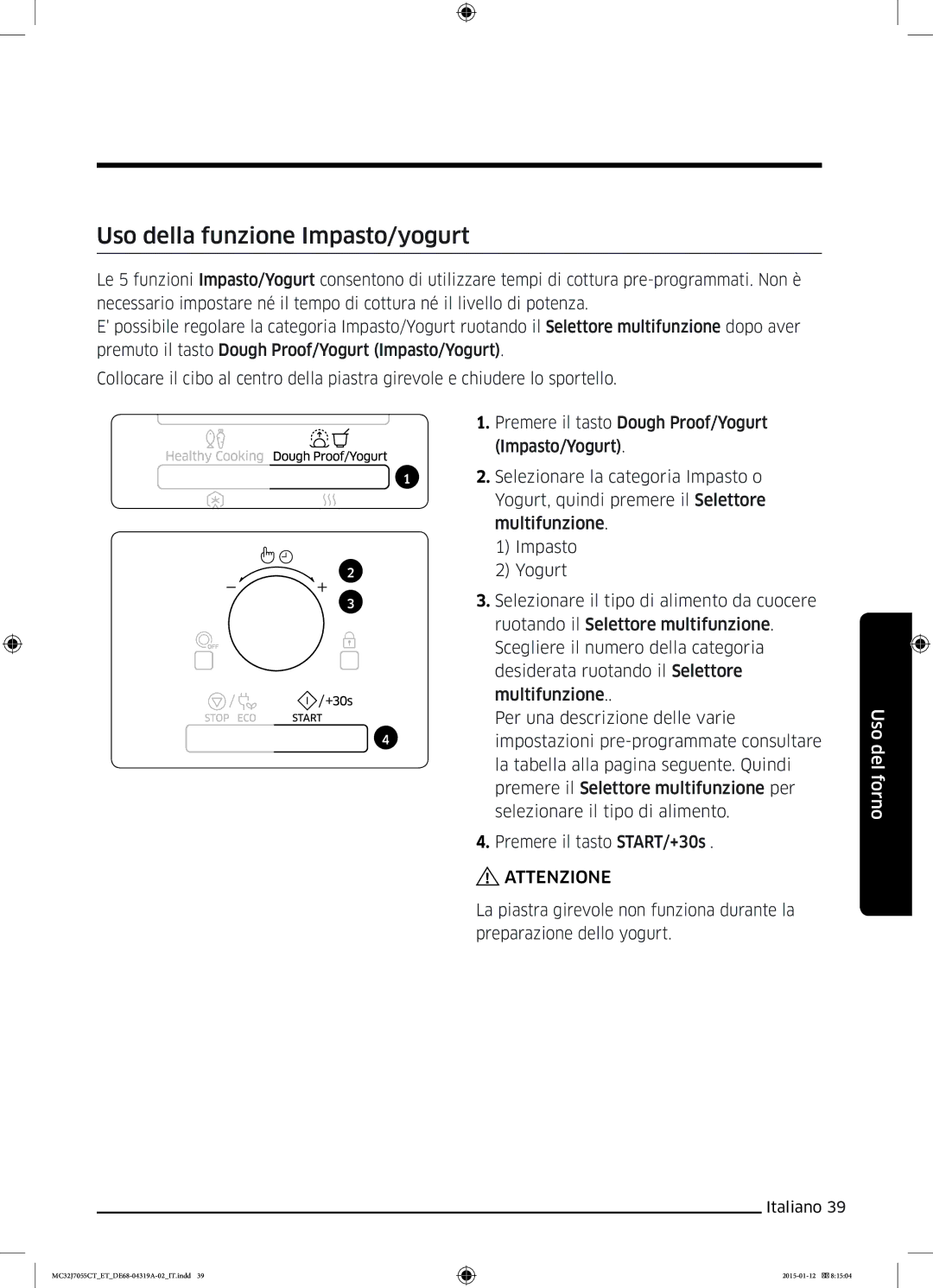 Samsung MC32J7055CT/ET manual Uso della funzione Impasto/yogurt 