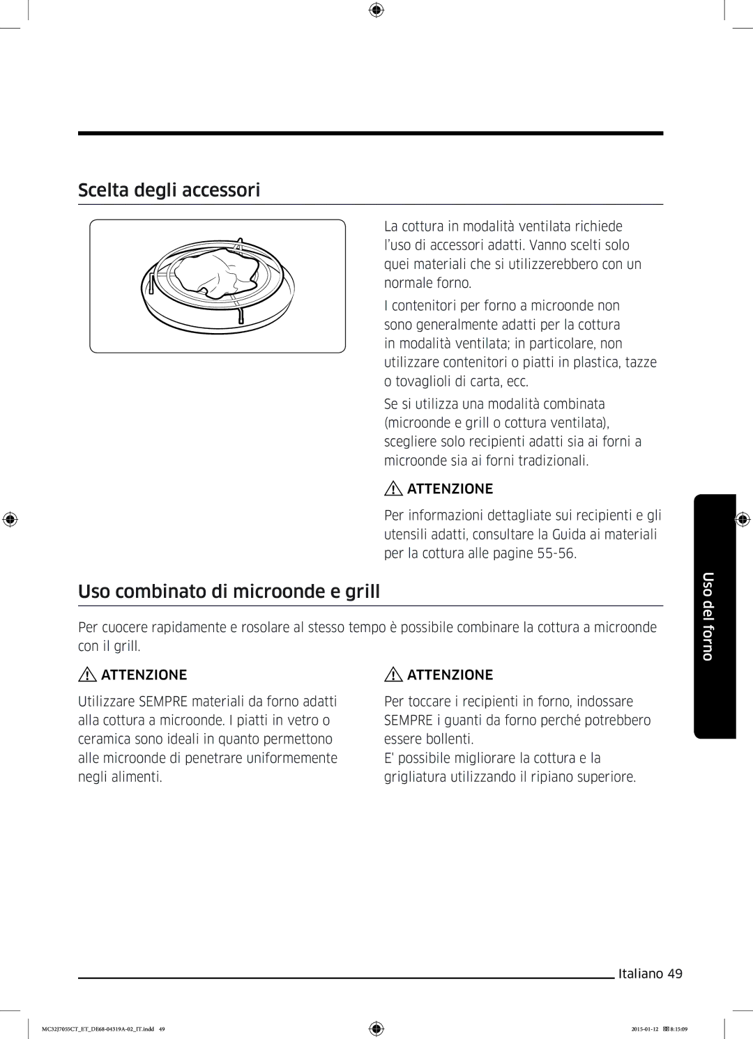 Samsung MC32J7055CT/ET manual Scelta degli accessori, Uso combinato di microonde e grill 