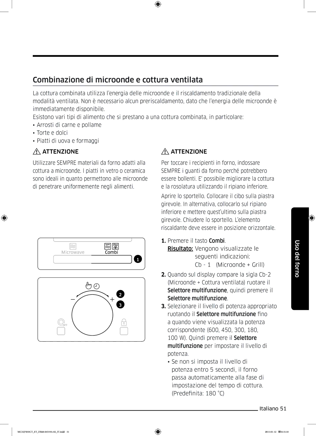 Samsung MC32J7055CT/ET manual Combinazione di microonde e cottura ventilata 