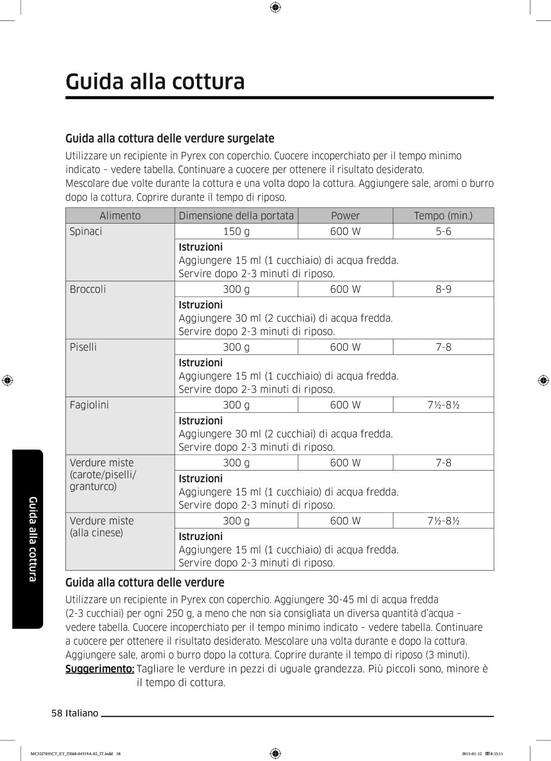 Samsung MC32J7055CT/ET manual Guida alla cottura delle verdure surgelate 