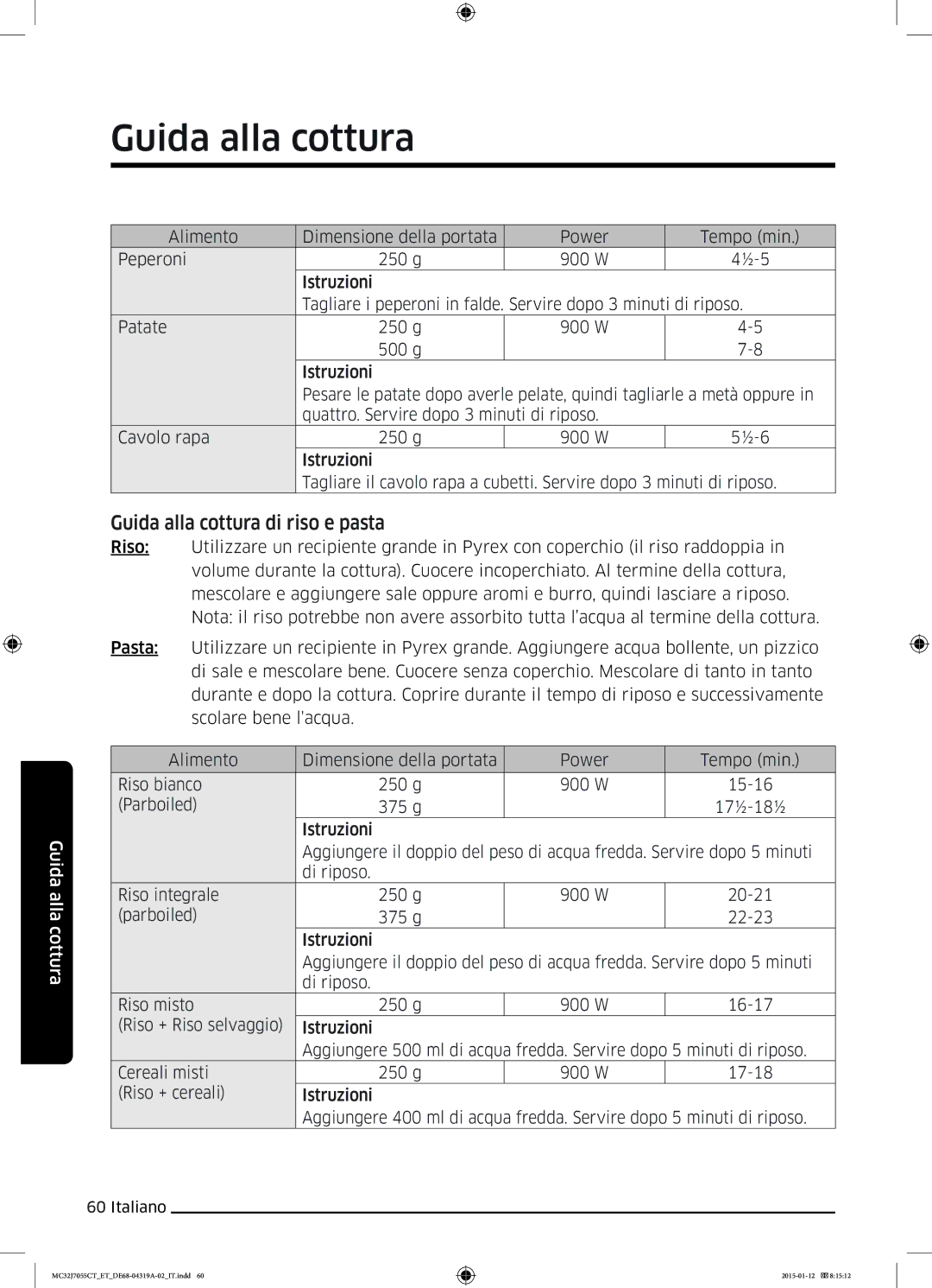 Samsung MC32J7055CT/ET manual Guida alla cottura di riso e pasta 