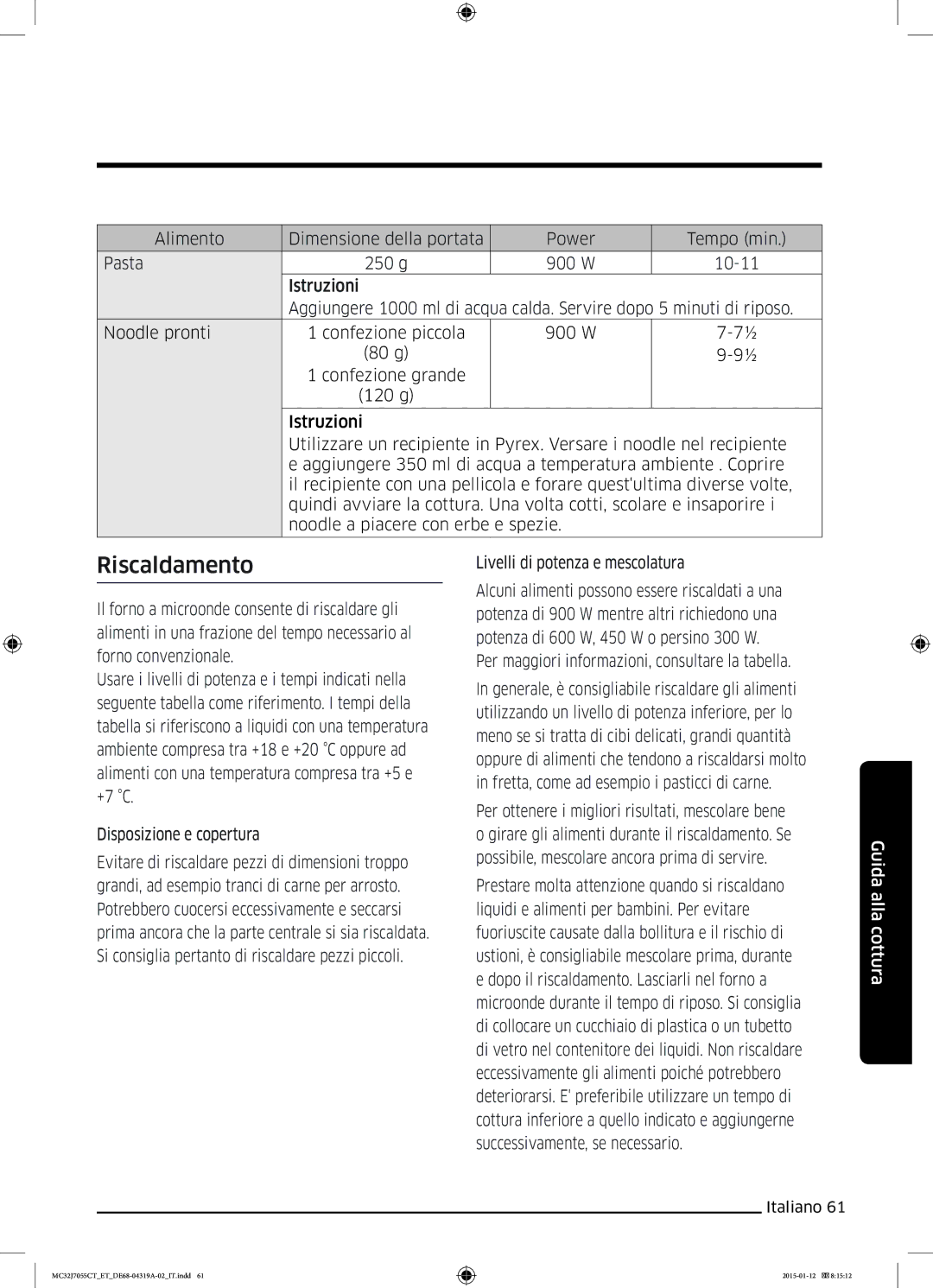 Samsung MC32J7055CT/ET manual Riscaldamento, Livelli di potenza e mescolatura 