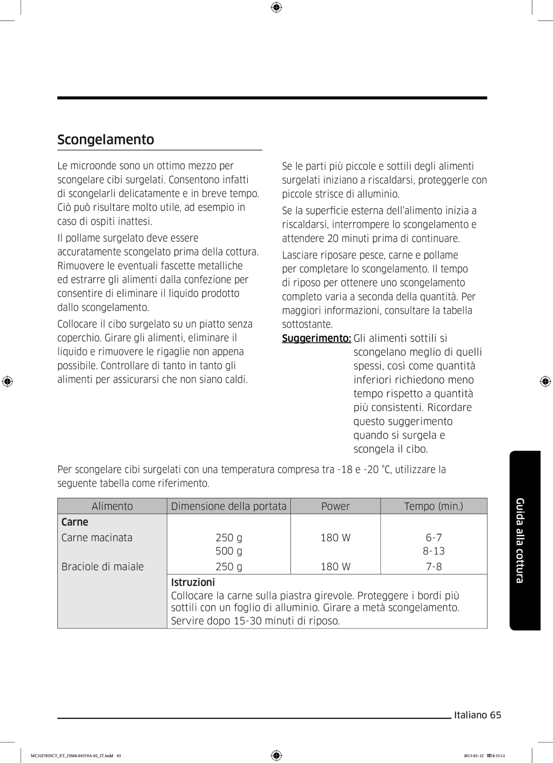 Samsung MC32J7055CT/ET manual Scongelamento 