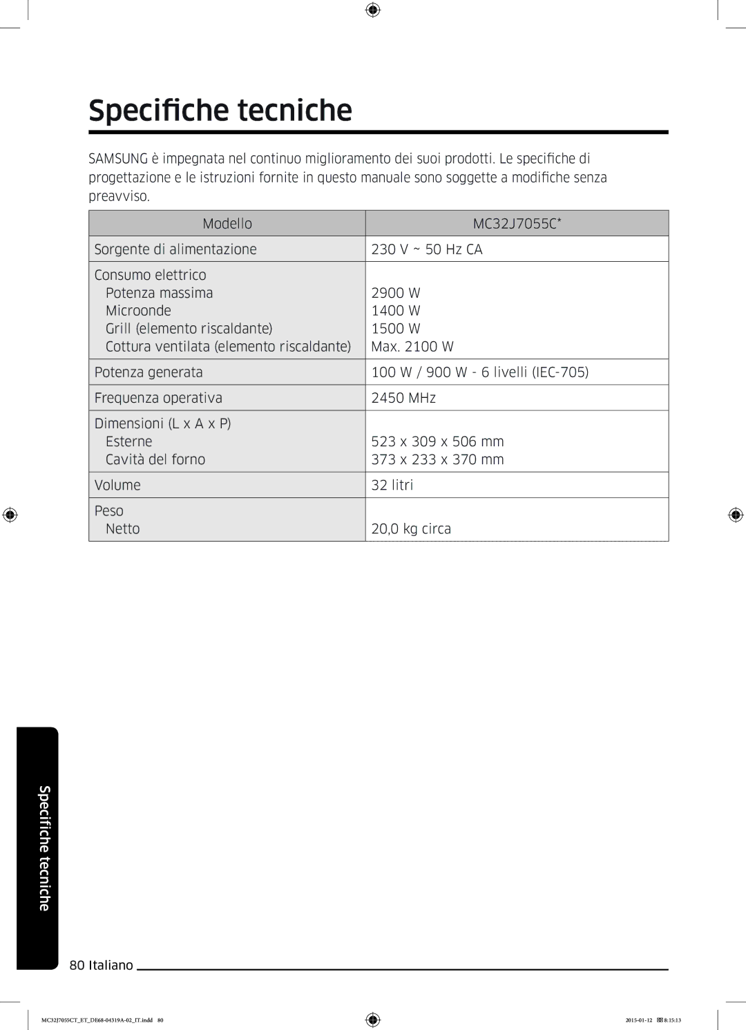 Samsung MC32J7055CT/ET manual Specifiche tecniche 