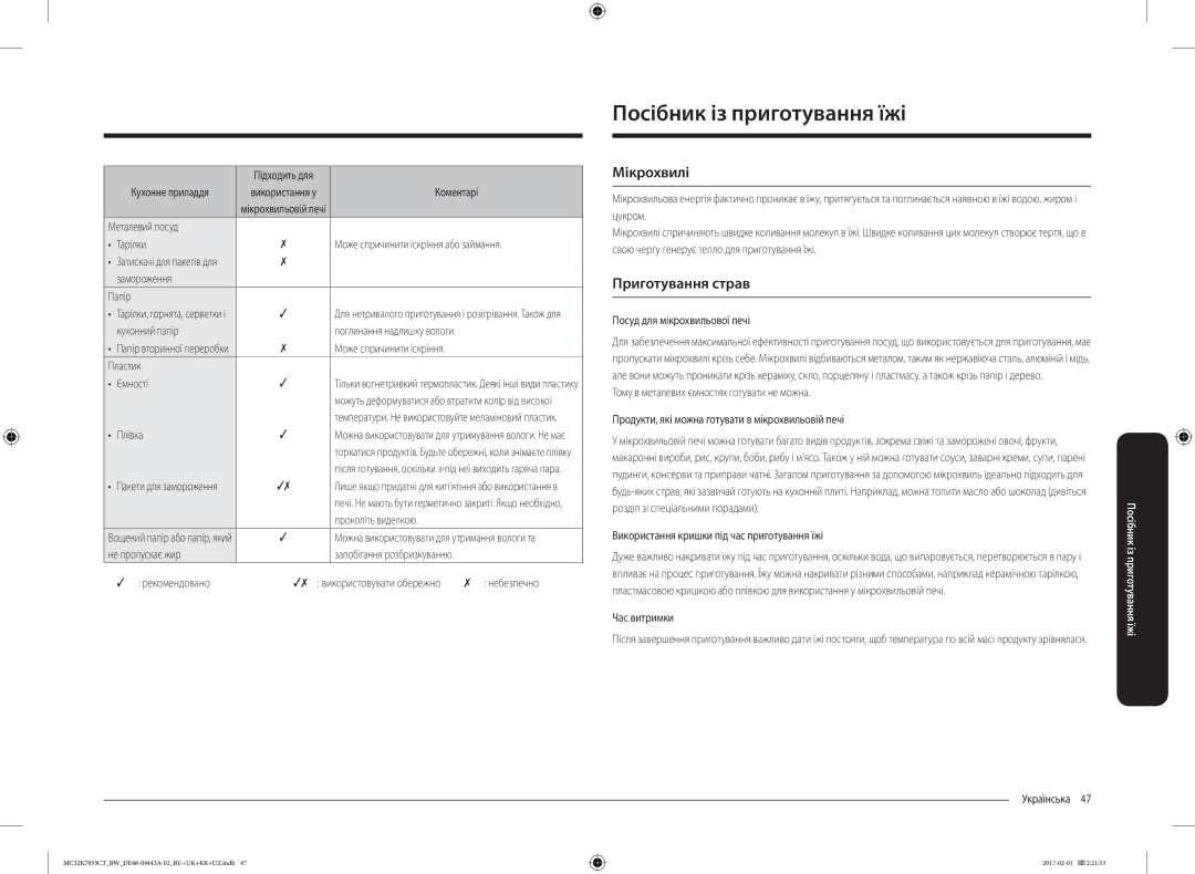Samsung MC32K7055CT/BW, MC32K7055CK/BW manual Посібник із приготування їжі, Мікрохвилі, Приготування страв 