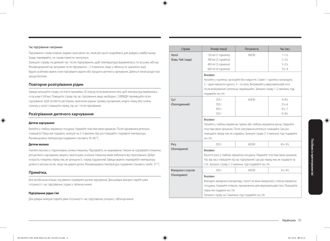 Samsung MC32K7055CT/BW, MC32K7055CK/BW manual Повторне розігрівання рідин, Розігрівання дитячого харчування, Примітка 