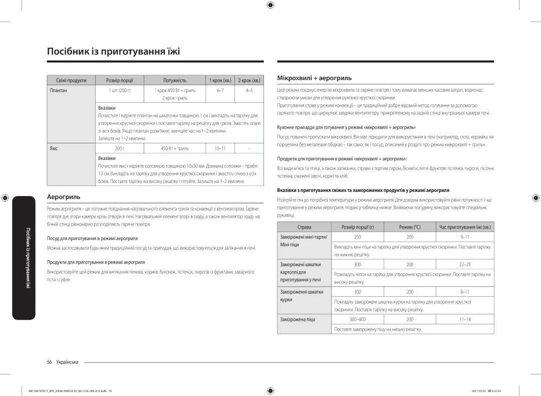 Samsung MC32K7055CK/BW, MC32K7055CT/BW manual Мікрохвилі + аерогриль 