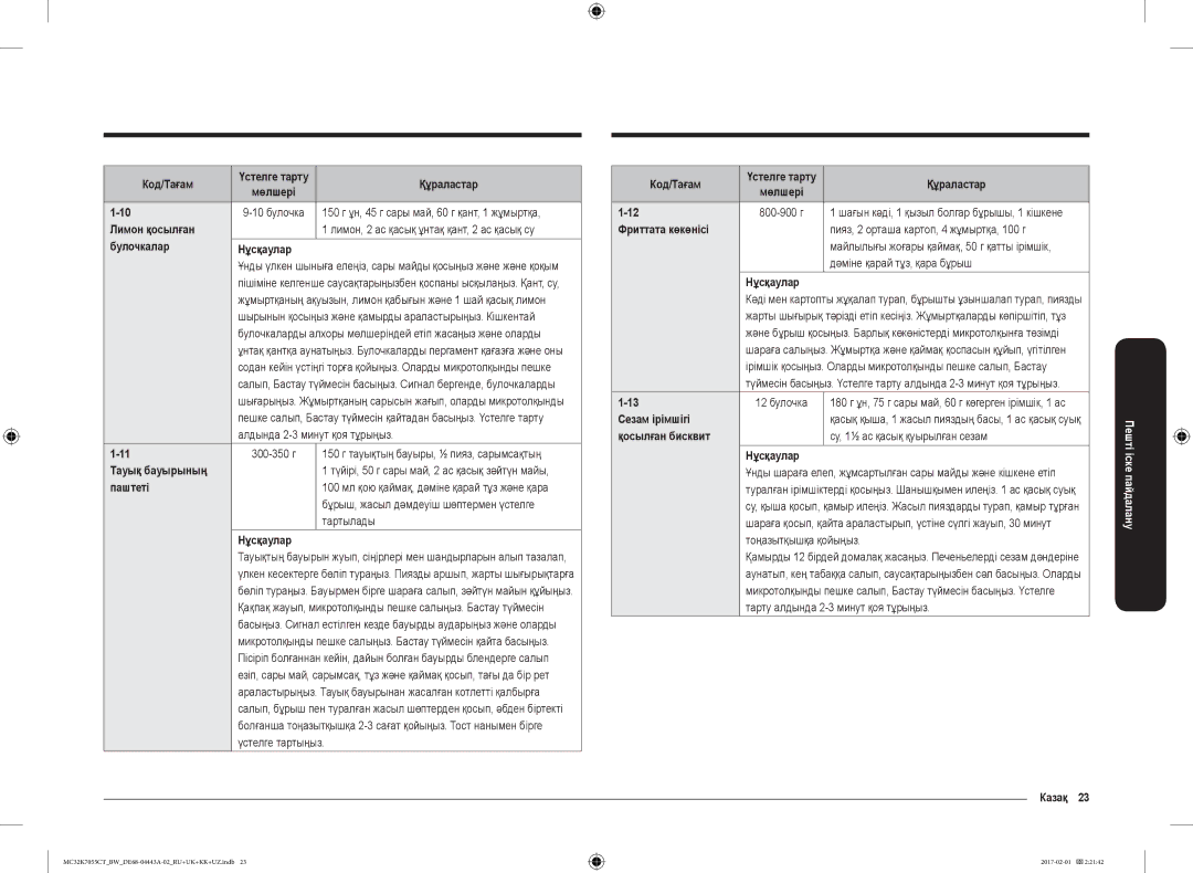 Samsung MC32K7055CT/BW Лимон қосылған, Булочкалар Нұсқаулар, Тауық бауырының, Паштеті, Фриттата көкөнісі, Сезам ірімшігі 