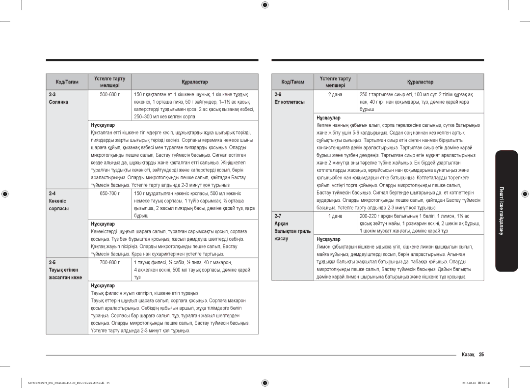 Samsung MC32K7055CT/BW Солянка, Көкөніс, Сорпасы, Тауық етінен, Ет котлетасы, Бұрыш, Арқан, Жасау Нұсқаулар, Казақ 25 