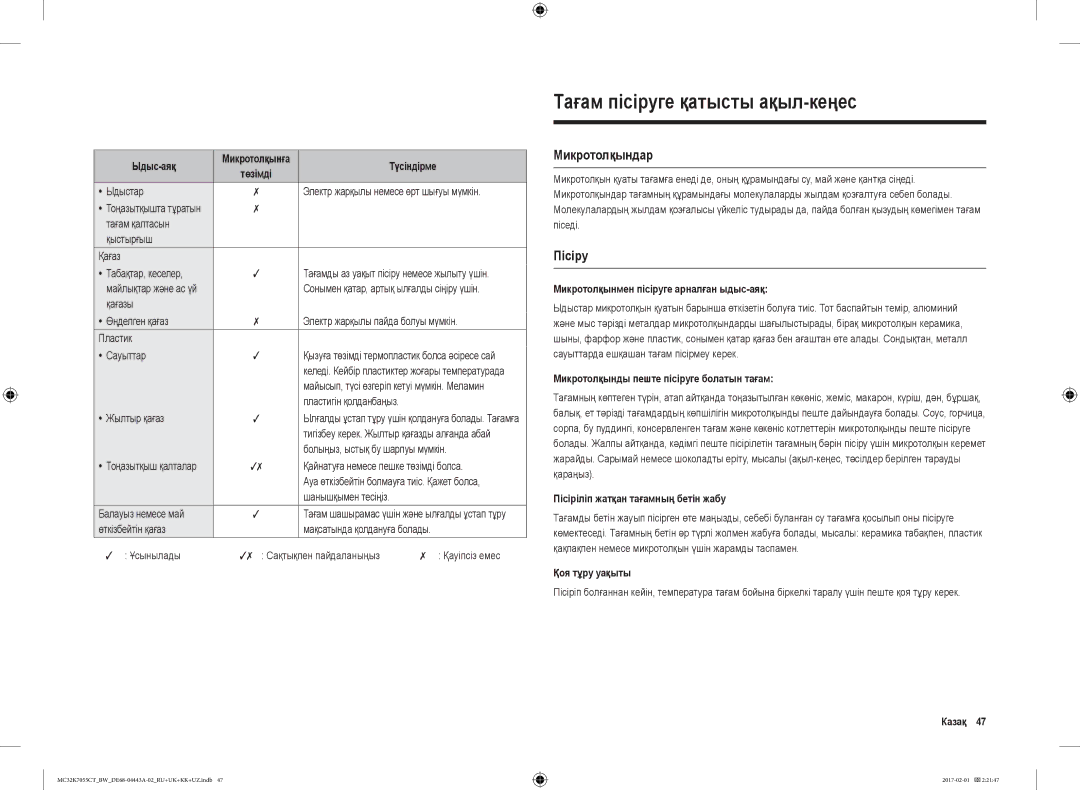 Samsung MC32K7055CT/BW, MC32K7055CK/BW manual Тағам пісіруге қатысты ақыл-кеңес, Микротолқындар, Пісіру 
