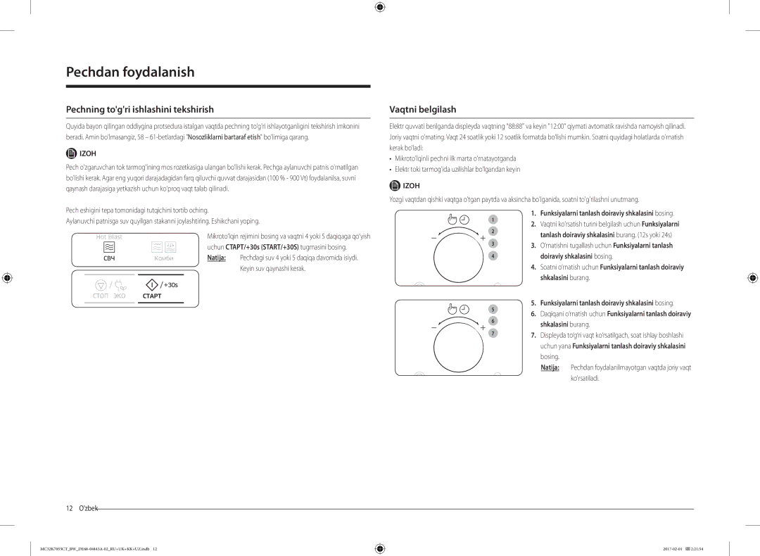 Samsung MC32K7055CK/BW manual Pechning togri ishlashini tekshirish, Vaqtni belgilash, Izoh, Doiraviy shkalasini bosing 