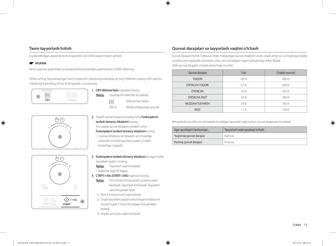 Samsung MC32K7055CT/BW, MC32K7055CK/BW Taom tayyorlash/Isitish, Quvvat darajalari va tayyorlash vaqtini olchash, Natija 