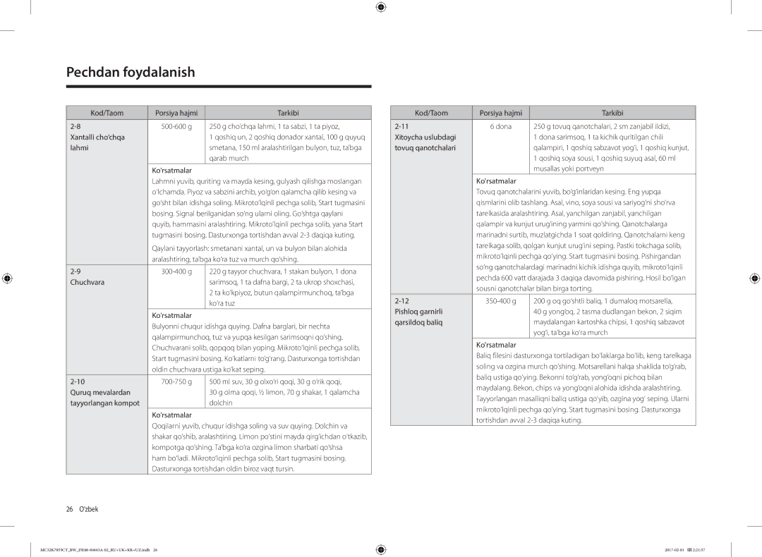 Samsung MC32K7055CK/BW manual Cho‘chqa lahmi, 1 ta sabzi, 1 ta piyoz, Xantalli cho‘chqa, Lahmi, 300-400 g, Chuchvara 