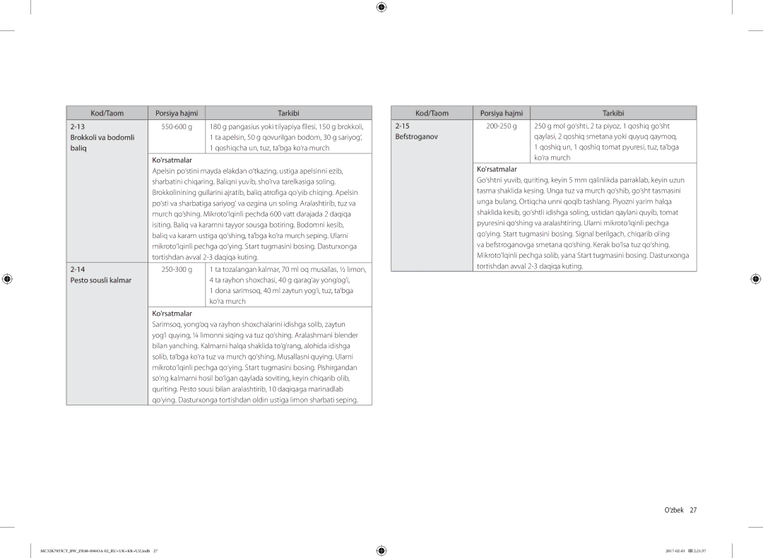 Samsung MC32K7055CT/BW manual Brokkoli va bodomli, Baliq Qoshiqcha un, tuz, ta’bga ko‘ra murch Korsatmalar, 250-300 g 