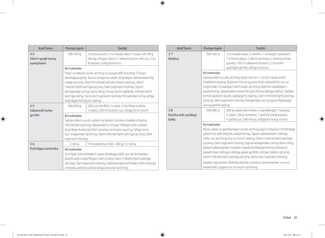 Samsung MC32K7055CT/BW manual Olxori qoqili tovuq, To‘g‘ralgan ko‘kpiyoz seping, Kurka filesi, ½ sabzi, ½ kichkina sukkini 