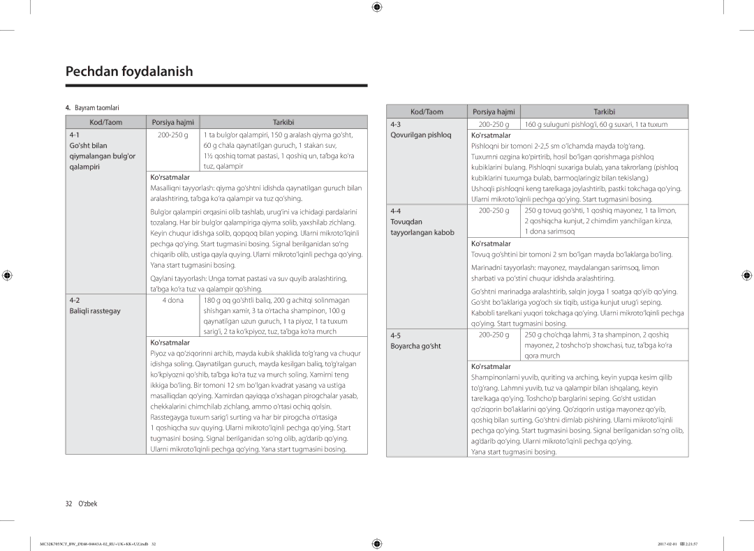 Samsung MC32K7055CK/BW Bayram taomlari Kod/Taom Porsiya hajmi Tarkibi, Qalampiri Tuz, qalampir Korsatmalar, Qora murch 