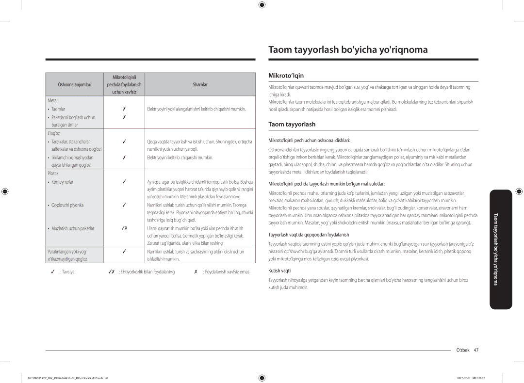 Samsung MC32K7055CT/BW, MC32K7055CK/BW manual Taom tayyorlash boyicha yoriqnoma, Mikroto‘lqin 