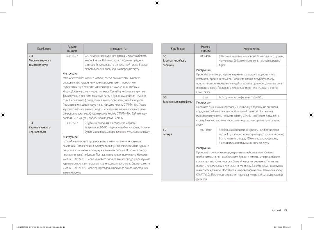 Samsung MC32K7055CT/BW manual Код/Блюдо Размер Ингредиенты, Мясные шарики в, Томатном соусе, Черносливом, Вареная индейка с 