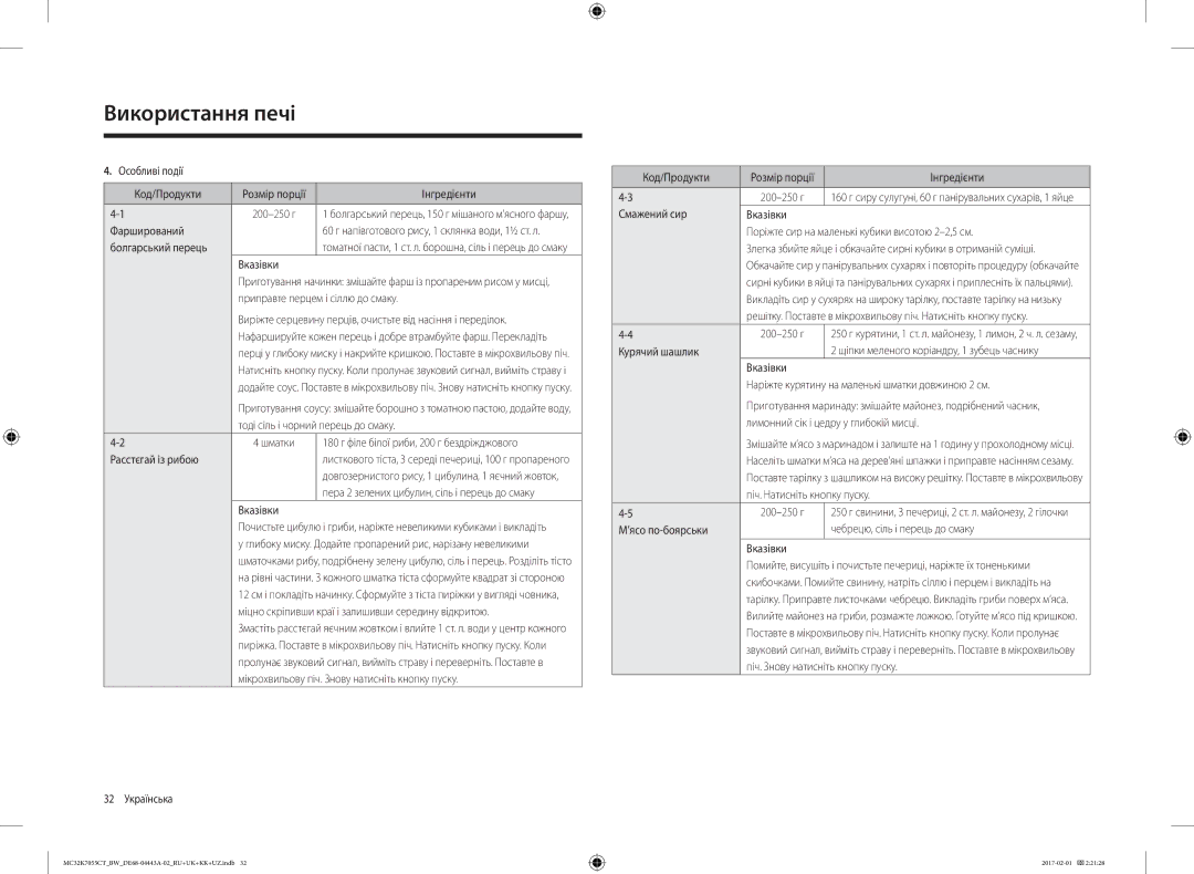 Samsung MC32K7055CK/BW manual Особливі події Код/Продукти Розмір порції Інгредієнти, Фарширований, Болгарський перець 
