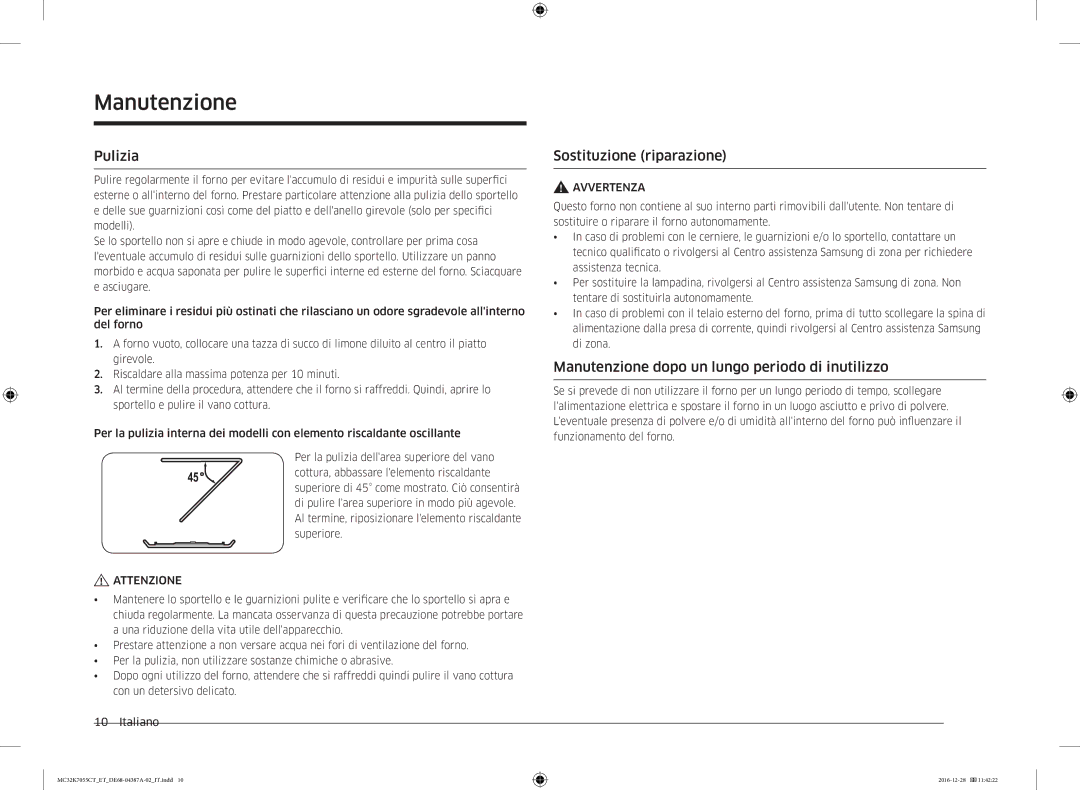 Samsung MC32K7055CK/ET manual Pulizia, Sostituzione riparazione, Manutenzione dopo un lungo periodo di inutilizzo 