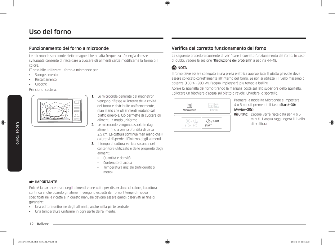 Samsung MC32K7055CK/ET Uso del forno, Funzionamento del forno a microonde, Verifica del corretto funzionamento del forno 