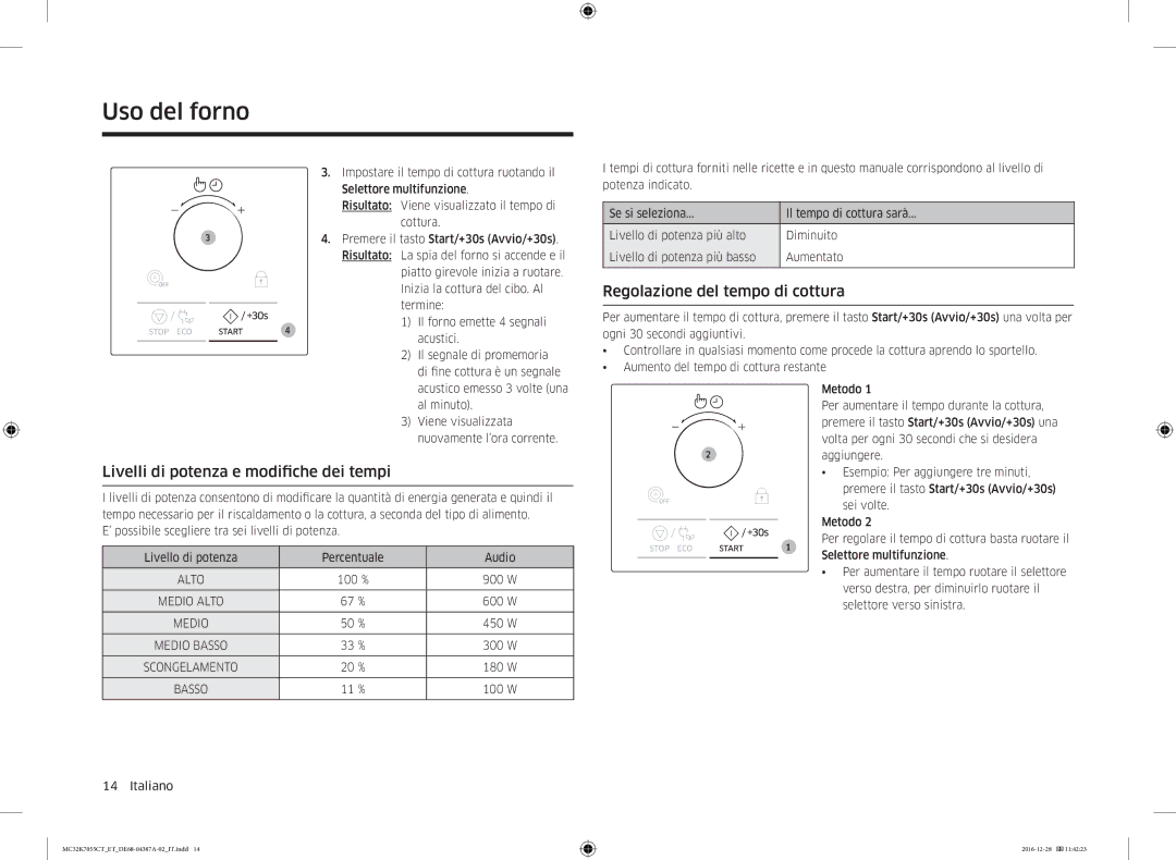 Samsung MC32K7055CK/ET, MC32K7055CT/ET manual Regolazione del tempo di cottura, Livelli di potenza e modifiche dei tempi 