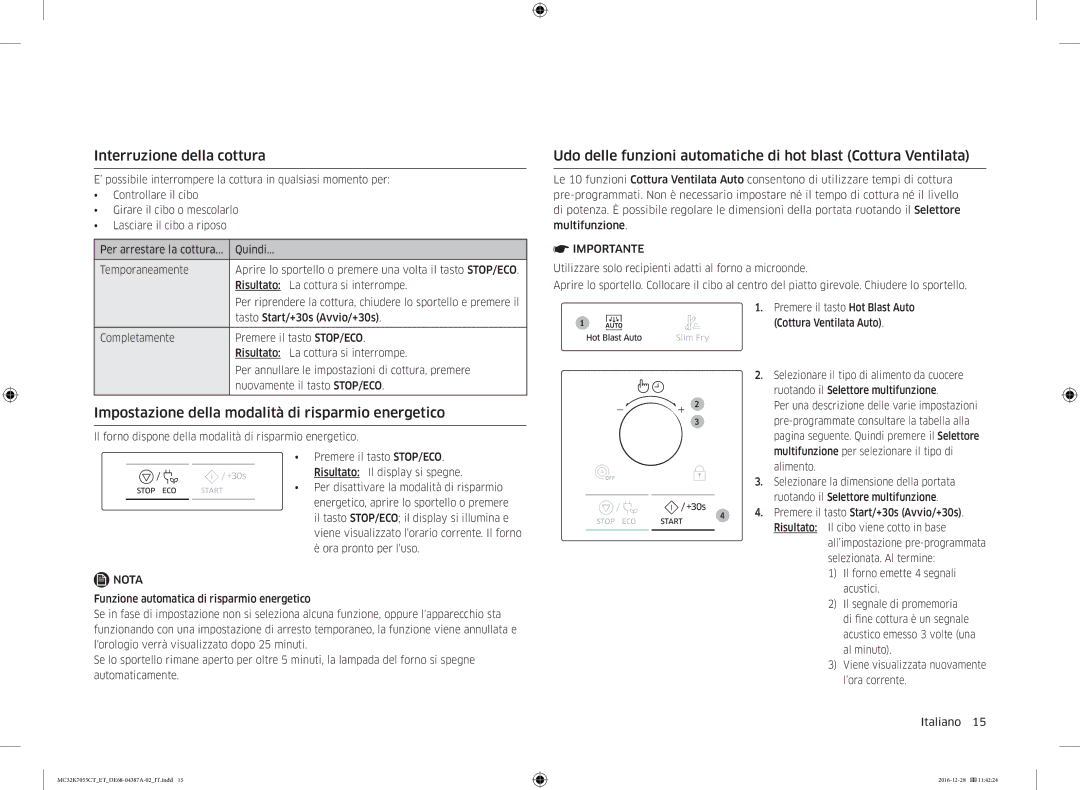 Samsung MC32K7055CT/ET, MC32K7055CK/ET Interruzione della cottura, Impostazione della modalità di risparmio energetico 