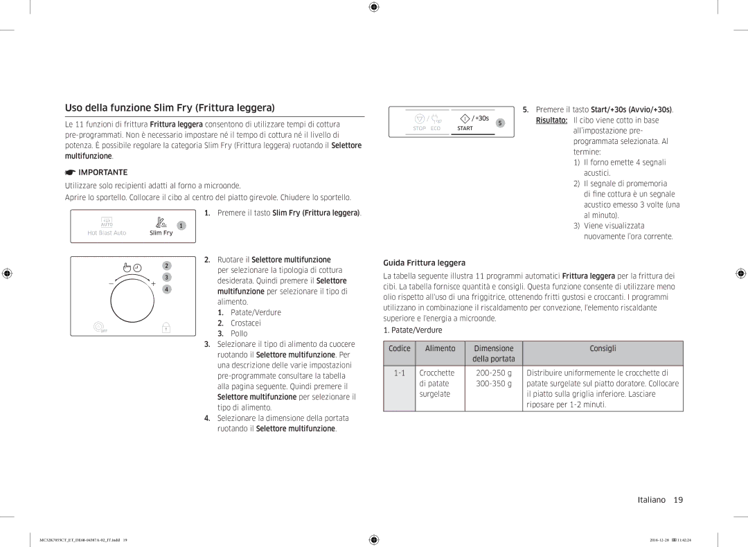 Samsung MC32K7055CT/ET, MC32K7055CK/ET manual Uso della funzione Slim Fry Frittura leggera 