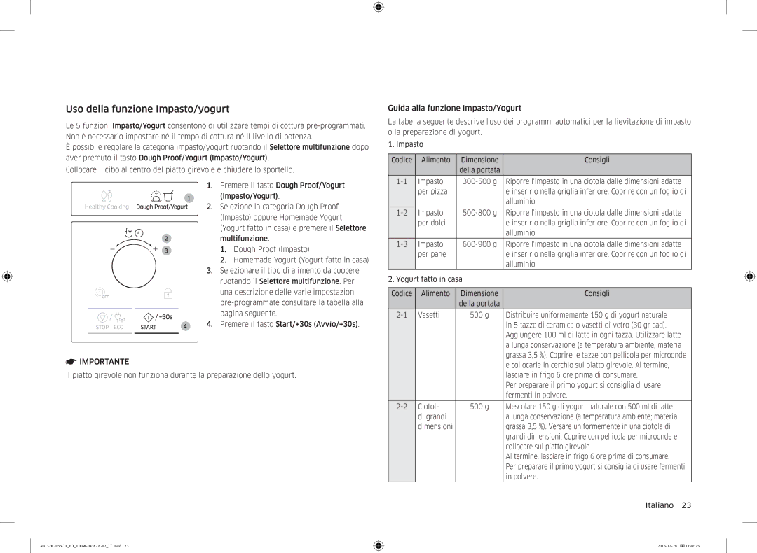 Samsung MC32K7055CT/ET, MC32K7055CK/ET Uso della funzione Impasto/yogurt, tazze di ceramica o vasetti di vetro 30 gr cad 
