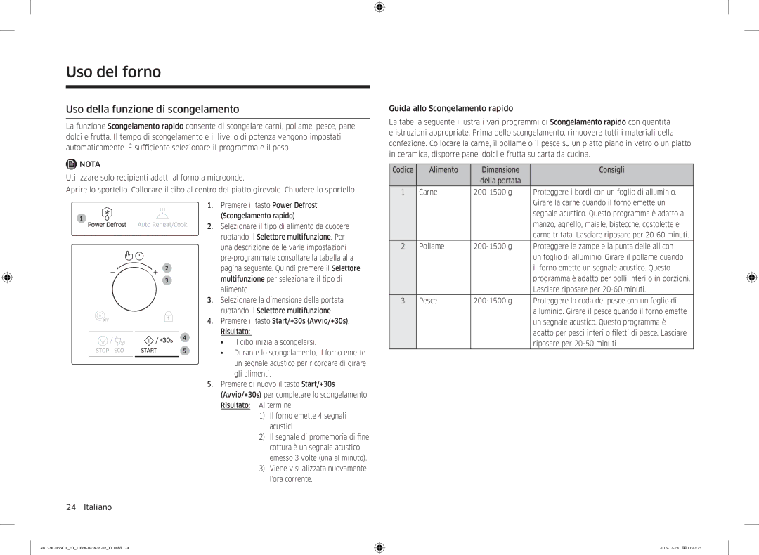 Samsung MC32K7055CK/ET, MC32K7055CT/ET manual Uso della funzione di scongelamento 