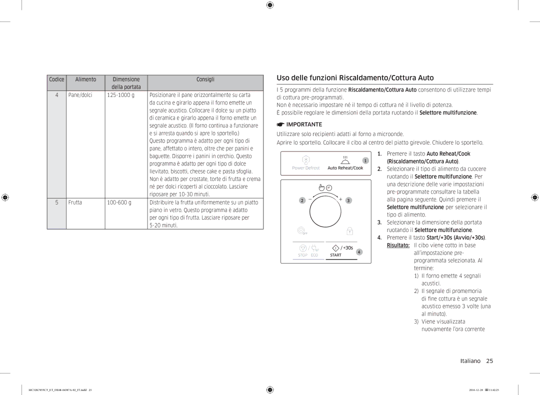 Samsung MC32K7055CT/ET, MC32K7055CK/ET manual Uso delle funzioni Riscaldamento/Cottura Auto 