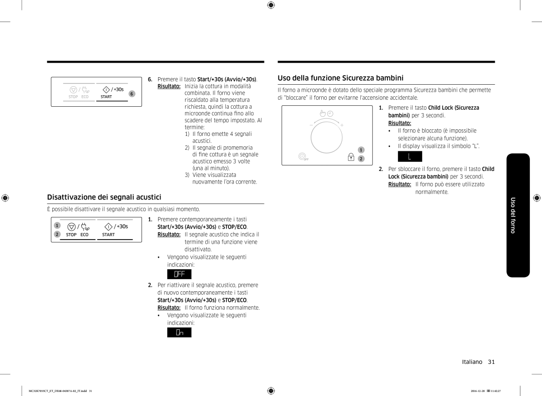 Samsung MC32K7055CT/ET, MC32K7055CK/ET manual Uso della funzione Sicurezza bambini, Disattivazione dei segnali acustici 