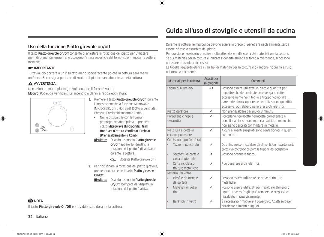 Samsung MC32K7055CK/ET manual Guida alluso di stoviglie e utensili da cucina, Uso della funzione Piatto girevole on/off 