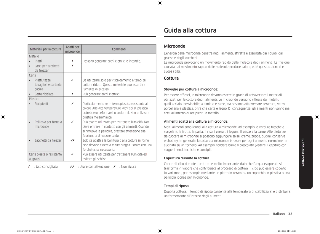 Samsung MC32K7055CT/ET, MC32K7055CK/ET manual Guida alla cottura, Microonde, Cottura 