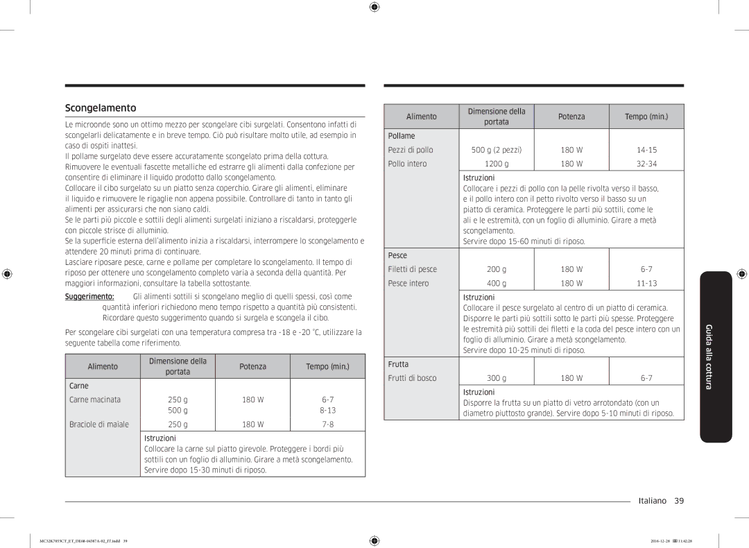 Samsung MC32K7055CT/ET, MC32K7055CK/ET manual Scongelamento 