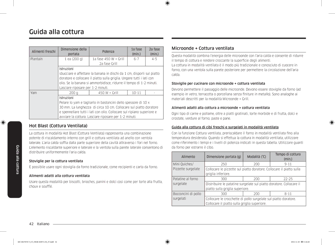 Samsung MC32K7055CK/ET, MC32K7055CT/ET manual Hot Blast Cottura Ventilata, Microonde + Cottura ventilata 