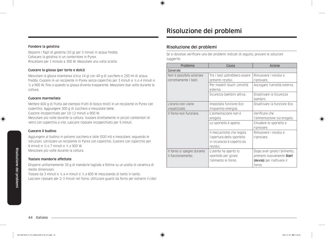 Samsung MC32K7055CK/ET, MC32K7055CT/ET manual Risoluzione dei problemi 