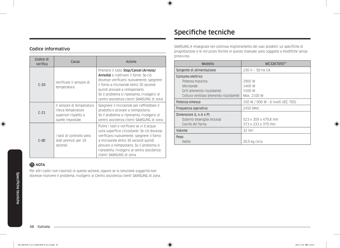 Samsung MC32K7055CK/ET, MC32K7055CT/ET manual Specifiche tecniche, Codice informativo 