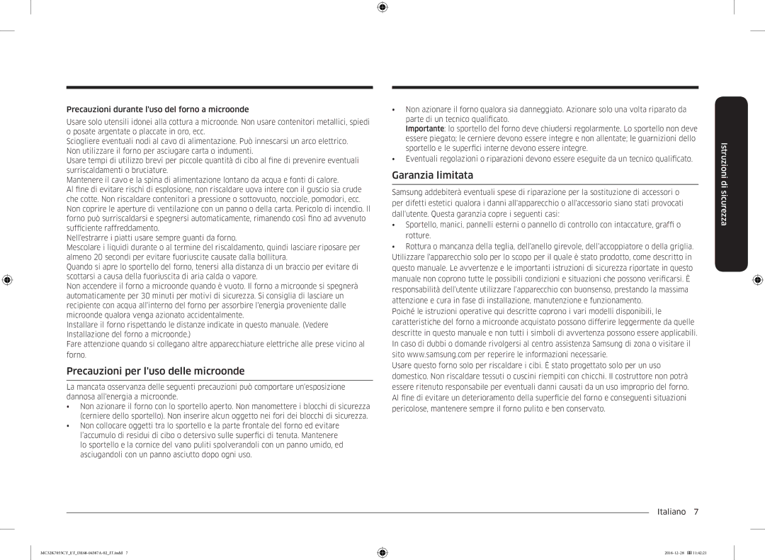 Samsung MC32K7055CT/ET, MC32K7055CK/ET manual Precauzioni per luso delle microonde, Garanzia limitata 