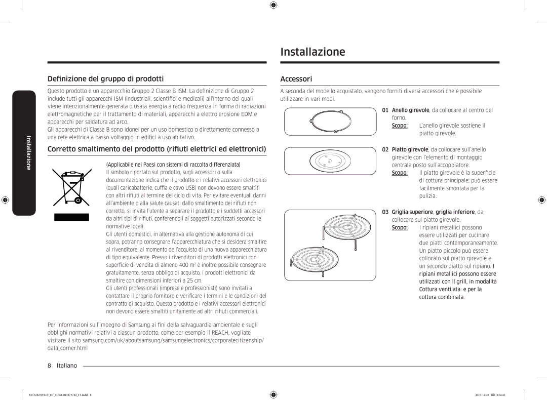 Samsung MC32K7055CK/ET, MC32K7055CT/ET manual Installazione, Definizione del gruppo di prodotti, Accessori 