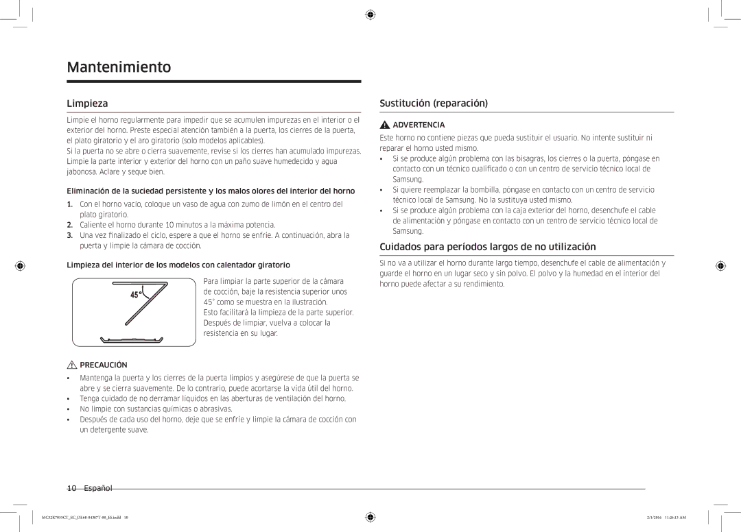 Samsung MC32K7055CT/EC Mantenimiento, Limpieza, Sustitución reparación, Cuidados para períodos largos de no utilización 