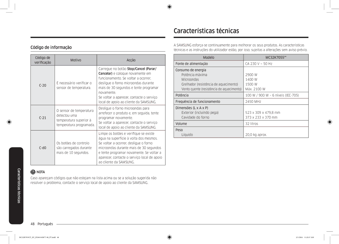 Samsung MC32K7055CT/EC manual Características técnicas, Código de informação 