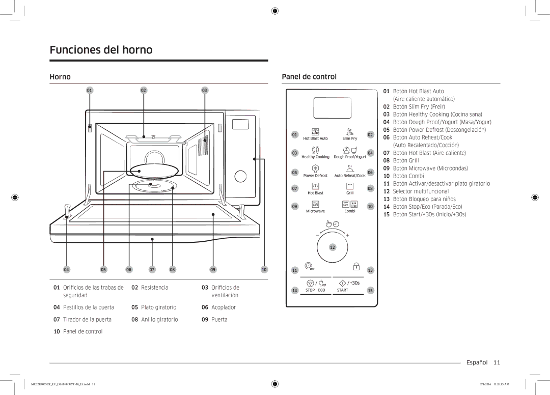 Samsung MC32K7055CT/EC manual Funciones del horno, Horno Panel de control 