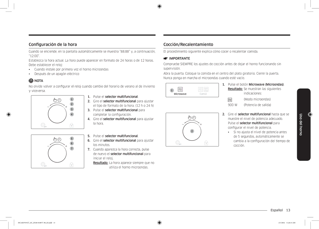 Samsung MC32K7055CT/EC manual Configuración de la hora, Cocción/Recalentamiento 